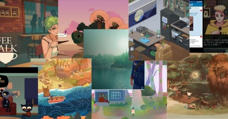 A collage of various scenes from indie video games, featuring illustrated characters, landscapes, interiors, and text boxes with dialogue.
