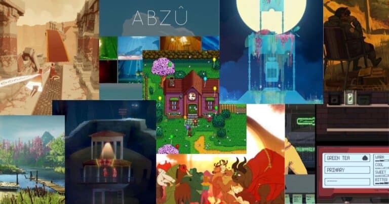 A collage of video game scenes, including landscapes, a house with flowers, pixel art characters, drink selection screen, and a person sitting by a window.