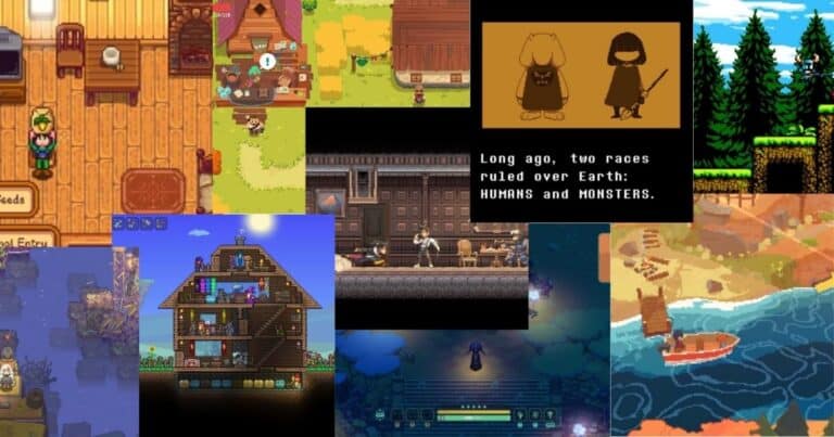 A collage of pixel art scenes from various indie video games, showing characters, buildings, forests, and dialogue text on screen.