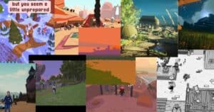 A collage of various video game scenes featuring characters, landscapes, buildings, and dialogue, with diverse art styles and color palettes.