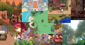 A collage of various cozy video game scenes, including outdoor settings, animated characters, market stalls, and colorful landscapes.