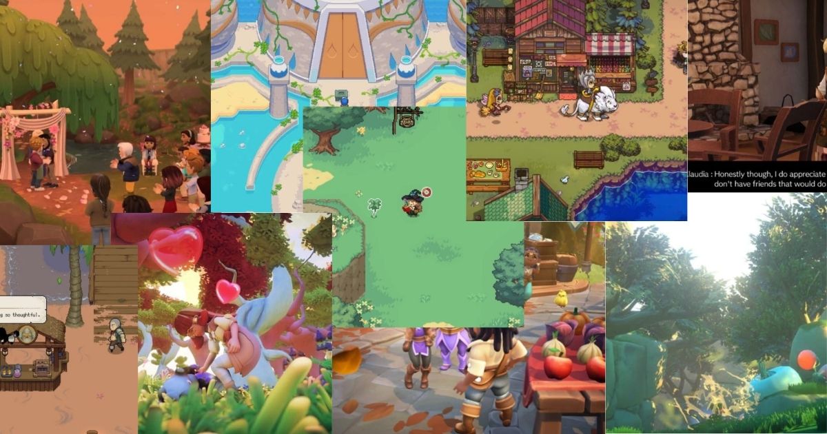 A collage of various cozy video game scenes, including outdoor settings, animated characters, market stalls, and colorful landscapes.