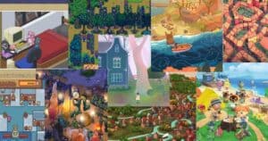 Collage of colorful screenshots from various cozy and whimsical video games, featuring animals, houses, landscapes, and characters in relaxing environments.