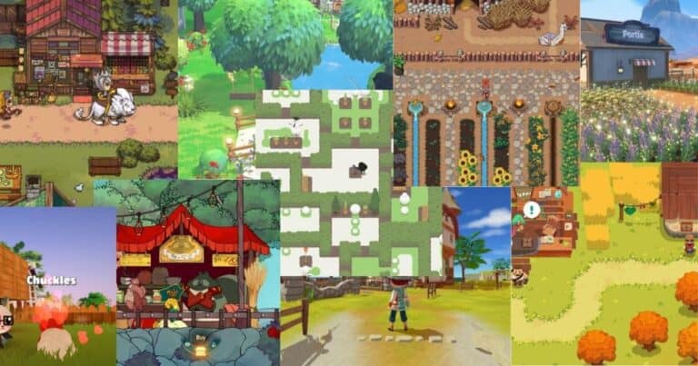 A collage of various farming and village simulation game scenes, featuring crops, animals, buildings, markets, and animated characters in colorful, pixel-art and cartoon styles.