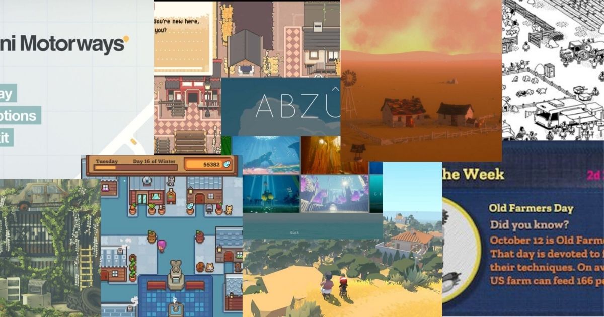 A collage of various video game screenshots, each displaying different art styles, game interfaces, and scenes from simulation or adventure games.