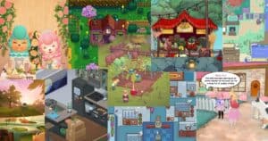 A collage of colorful, cartoon-style scenes from various cozy simulation games, featuring characters, gardens, kitchens, cafes, and animal villagers in pastel and vibrant settings.