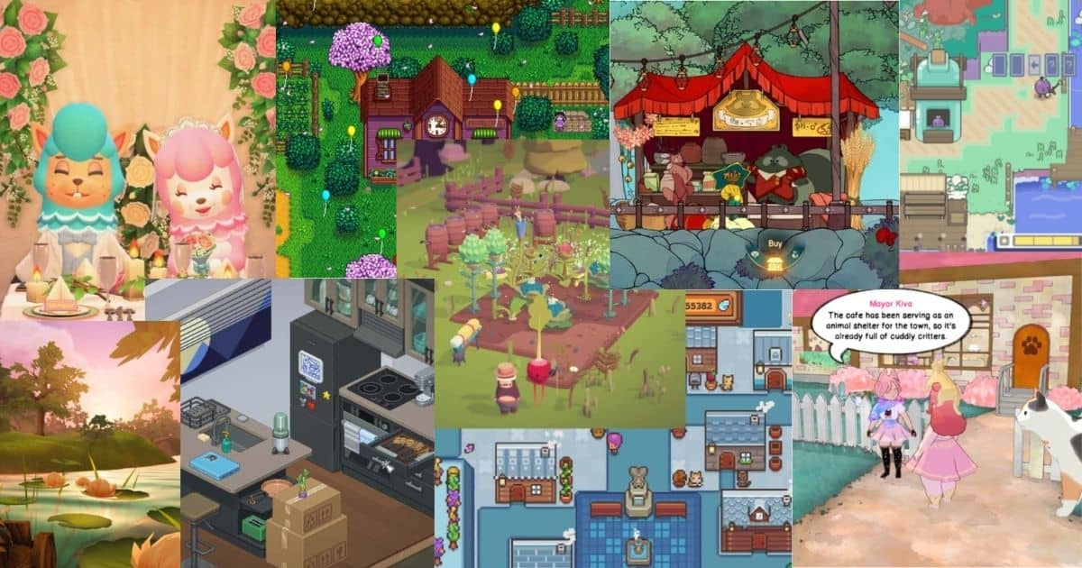 A collage of colorful, cartoon-style scenes from various cozy simulation games, featuring characters, gardens, kitchens, cafes, and animal villagers in pastel and vibrant settings.
