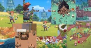 A collage of colorful farming and village scenes from various video games, featuring pixel art and 3D graphics with characters, animals, crops, buildings, and outdoor areas.