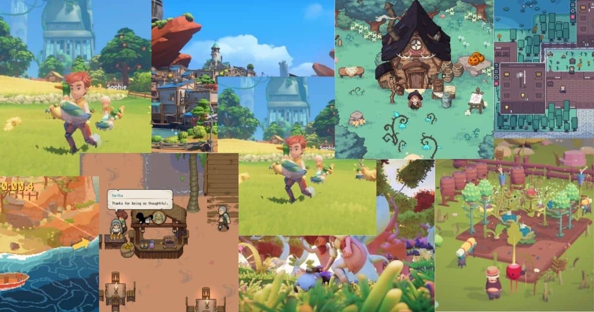 A collage of colorful farming and village scenes from various video games, featuring pixel art and 3D graphics with characters, animals, crops, buildings, and outdoor areas.