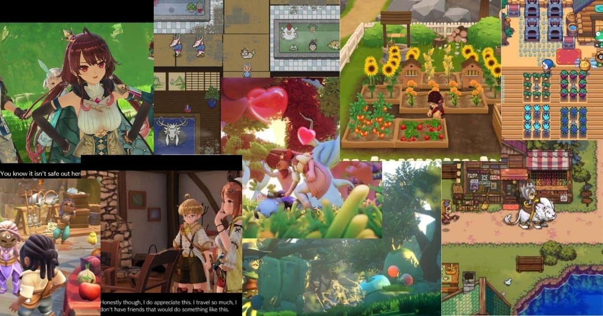 Collage of video game scenes featuring farming, characters interacting, animals, and vibrant outdoor environments from various simulation and adventure games.