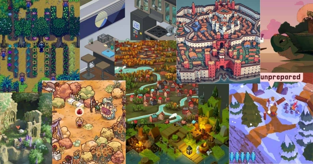 A collage of colorful pixel art scenes from various video games, showing landscapes, towns, interiors, and characters in different environments.