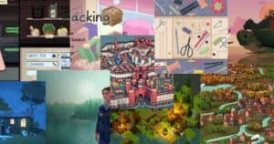 A collage of various cozy video game scenes, including crafting materials, village landscapes, a tea-making interface, and animated characters in scenic environments.