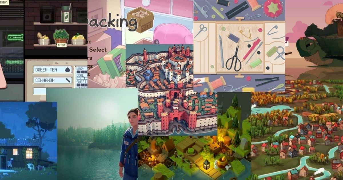 A collage of various cozy video game scenes, including crafting materials, village landscapes, a tea-making interface, and animated characters in scenic environments.