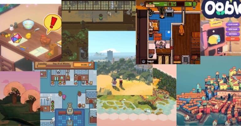 A collage of colorful indie video game screenshots, featuring various art styles, characters, and settings, including menus, landscapes, interiors, and fantasy elements.