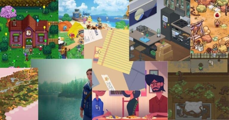 A collage of various video game scenes, including farmhouses, kitchens, campsites, animated characters, and nature landscapes, displayed in overlapping rectangular sections.
