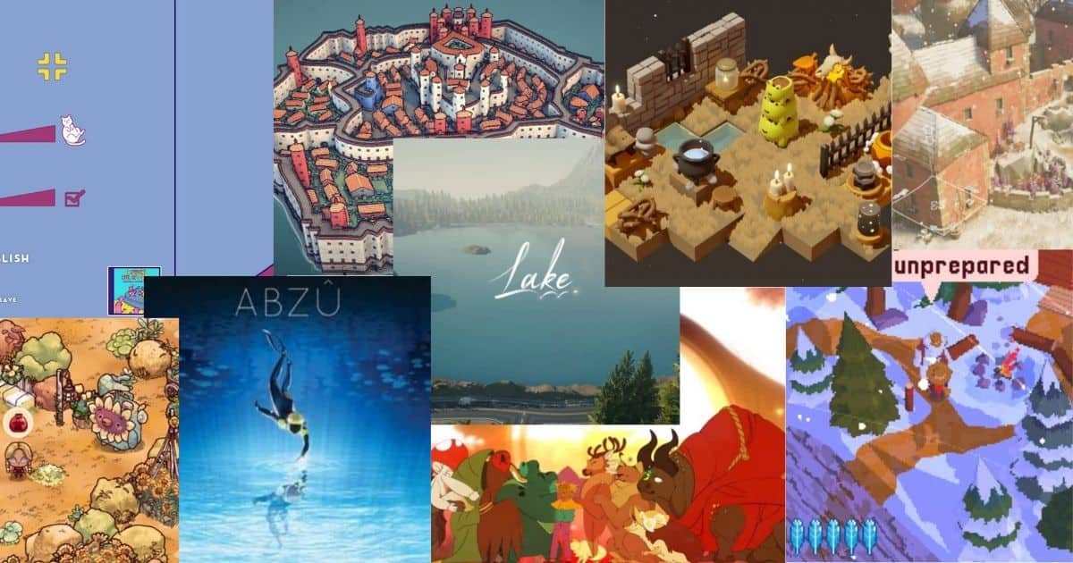 A collage of various video game screenshots, featuring diverse art styles including pixel art, isometric views, underwater scenes, and illustrated maps.