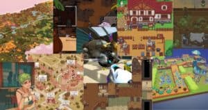 A collage of various cozy and colorful video game screenshots, featuring farm scenes, characters, houses, and interactive environments.