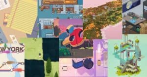 A collage of screenshots from various video games, featuring different art styles, game interfaces, landscapes, and objects arranged side by side.
