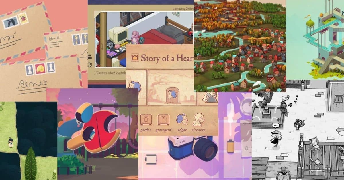 A collage of screenshots from various indie video games, featuring different art styles, characters, maps, and game interfaces.