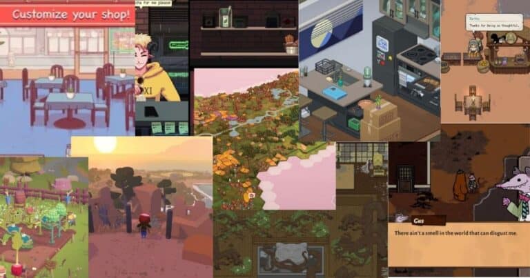 A collage of various cozy video game scenes, including cafes, kitchens, markets, landscapes, and cartoon animal characters with dialogue boxes.