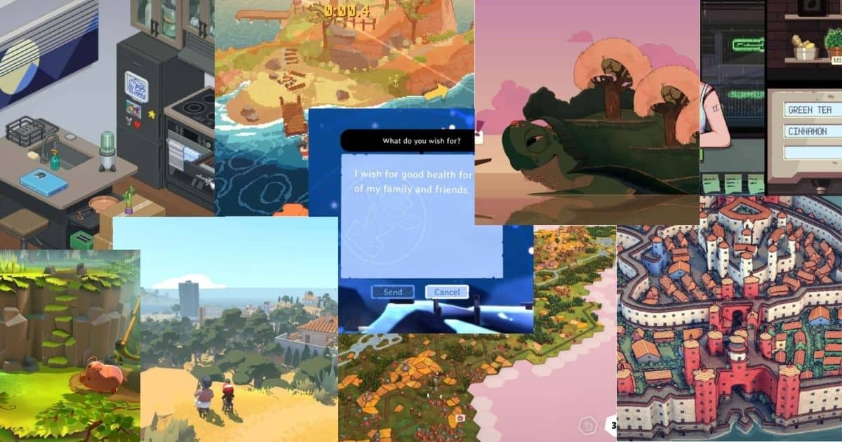 A collage of colorful video game scenes, featuring landscapes, cityscapes, a wish selection screen, and various characters in different environments.