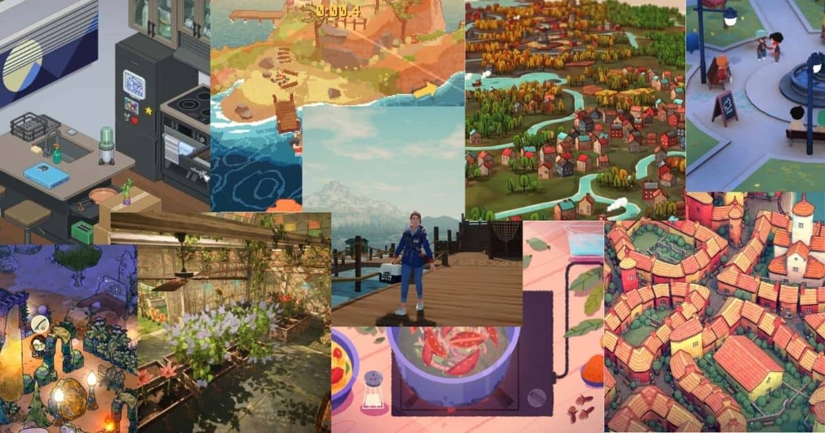 A collage of various video game scenes featuring colorful, stylized environments, towns, indoor settings, and a central character standing on a wooden dock.