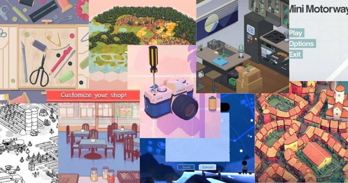 A collage of various video game screenshots, featuring landscapes, city maps, indoor scenes, a camera, tools, and user interface menus.