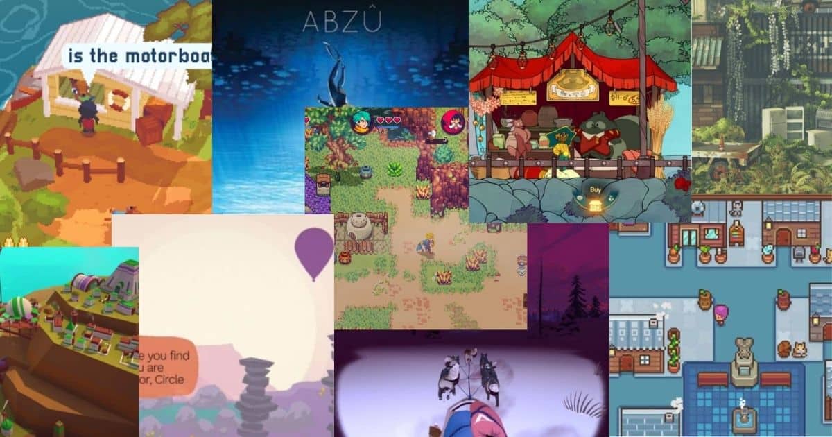 A collage of various colorful indie video game scenes, featuring characters, landscapes, and user interfaces from different games.