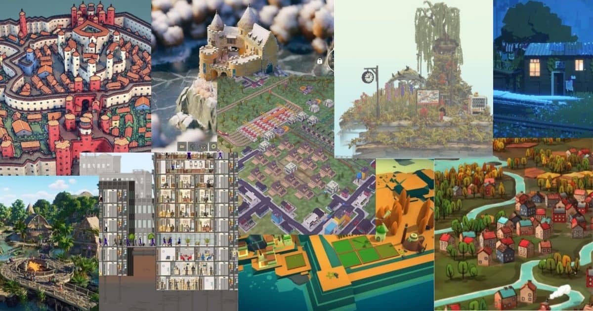A collage of various digital illustrations depicting different types of buildings, cities, and landscapes, ranging from medieval castles to modern high-rises and rural villages.
