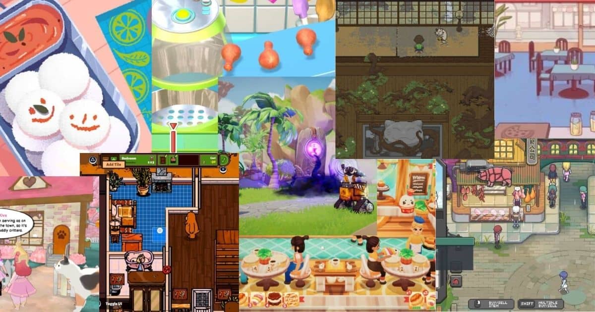 A collage of various scenes from colorful, animated cooking and restaurant-themed video games featuring food, kitchens, and characters.