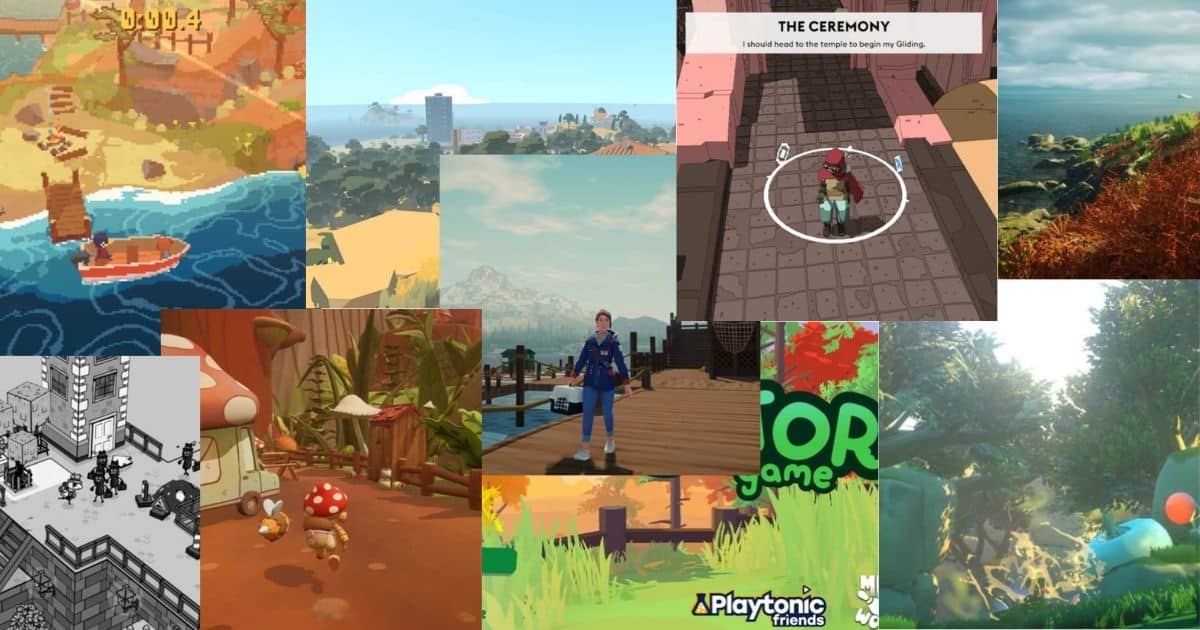 A collage of various video game scenes, including colorful landscapes, cartoon characters, and a mix of 2D and 3D environments.