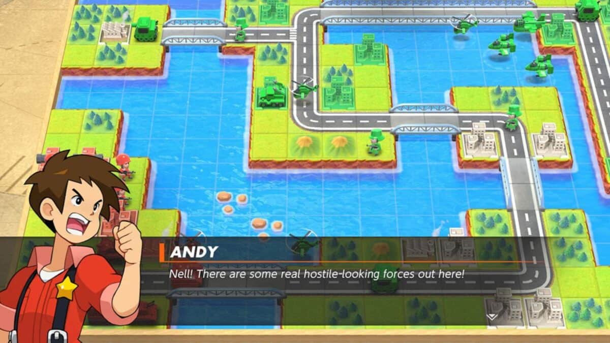A video game screen shows a map with land, roads, bridges, and water. In the foreground, a cartoon character named Andy says, "Nell! There are some real hostile-looking forces out here!.