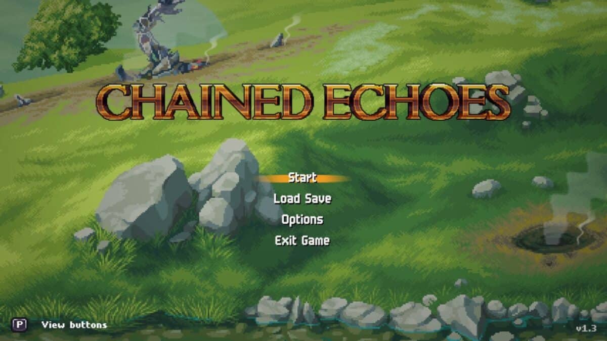 Pixel art game title screen for "Chained Echoes" showing menu options: Start, Load Save, Options, Exit Game, over a grassy landscape; version 1.3 is noted in the corner.