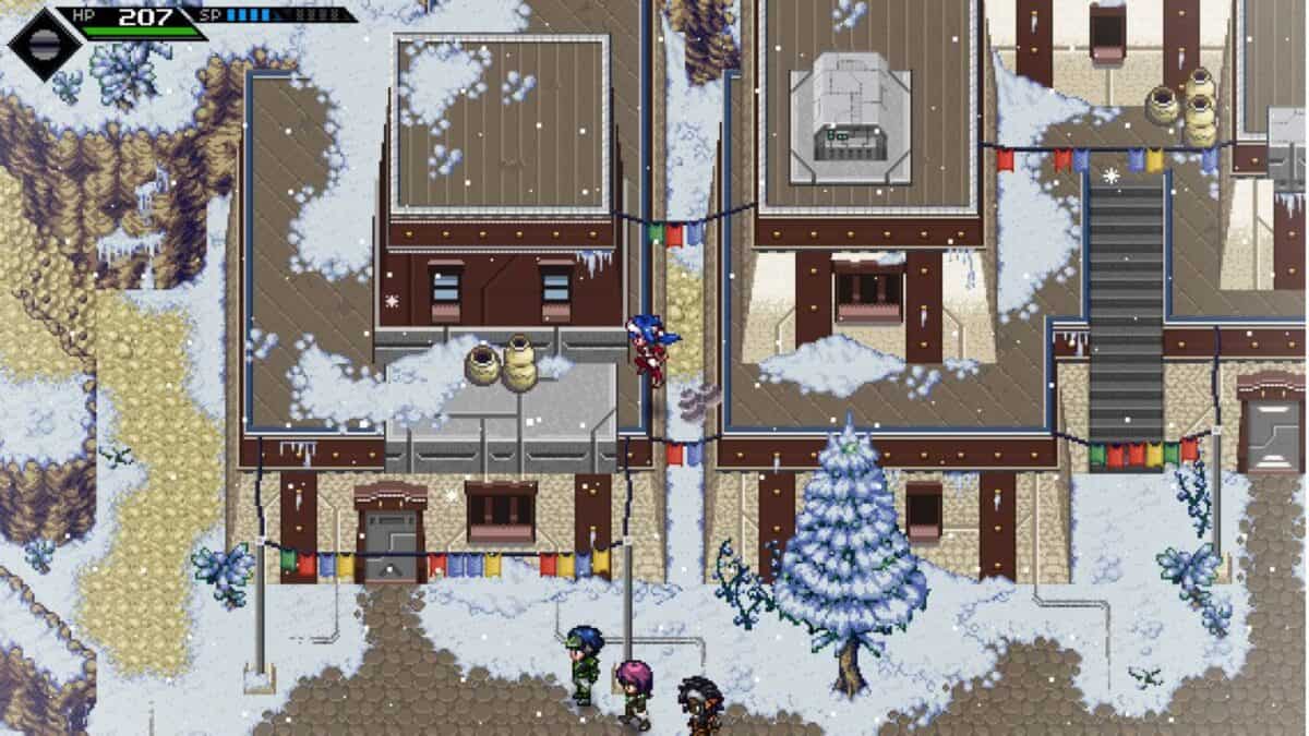 A pixel art scene of a snowy village with brown buildings, a snow-covered tree, and three characters standing outside. A character is visible on the rooftop. Game interface elements appear in the corner.