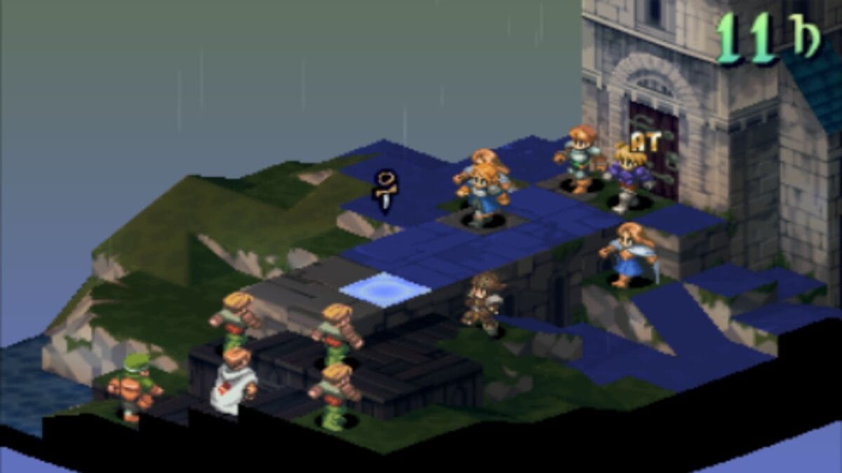 A tactical RPG battle scene shows multiple characters on a grid-based map outside a stone building with a timer in the top right corner displaying "11h.