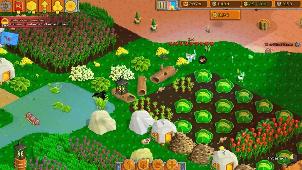 Pixel art farming simulation game interface showing crops, huts, a pond, and UI elements with resources and tasks at the top and bottom of the screen.