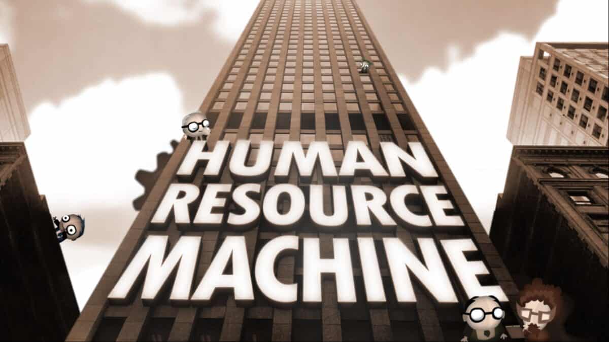 Sepia-toned image of a tall office building with "HUMAN RESOURCE MACHINE" in large letters and cartoon characters with glasses climbing the building.