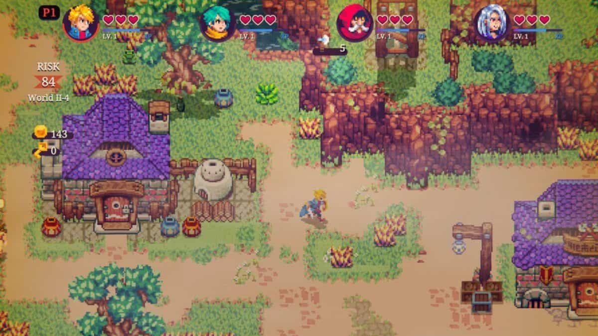 A pixel art video game scene shows four player avatars, health bars, and stats. The main character walks in a village with buildings, trees, and scattered items.