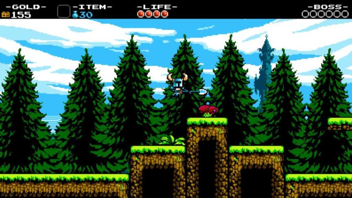A pixel art knight jumps above a red enemy on a grassy platform, with tall pine trees and blue sky in the background. Game HUD displays gold, item, life, and boss bars.