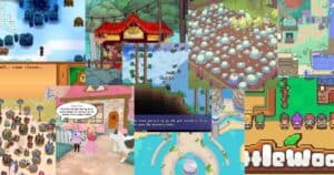 A collage of screenshots from various colorful farming and life simulation video games, featuring characters, crops, animals, and menus.