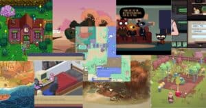 A collage of various pixel art video game scenes featuring houses, landscapes, characters, and farming or gardening elements.