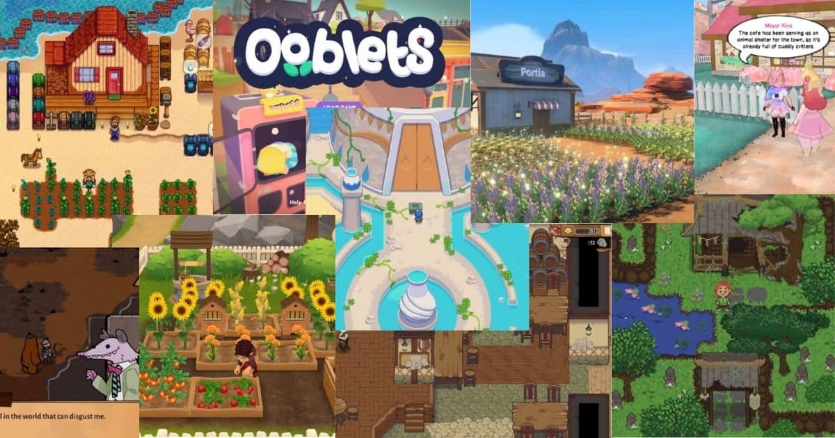 A collage of screenshots from various farming simulation video games, showing farm scenes, crops, characters, and game interfaces.