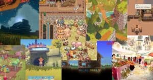 A collage of various scenes from farming and life simulation video games, featuring farms, markets, houses, characters, and nature environments in colorful, animated art styles.