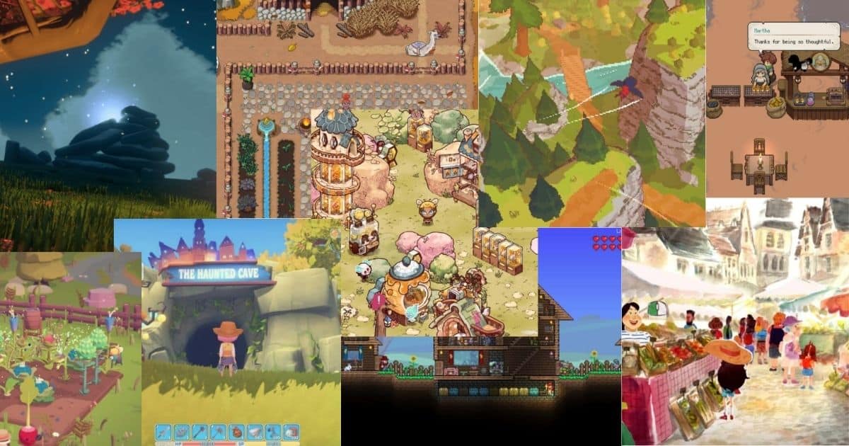 A collage of various scenes from farming and life simulation video games, featuring farms, markets, houses, characters, and nature environments in colorful, animated art styles.