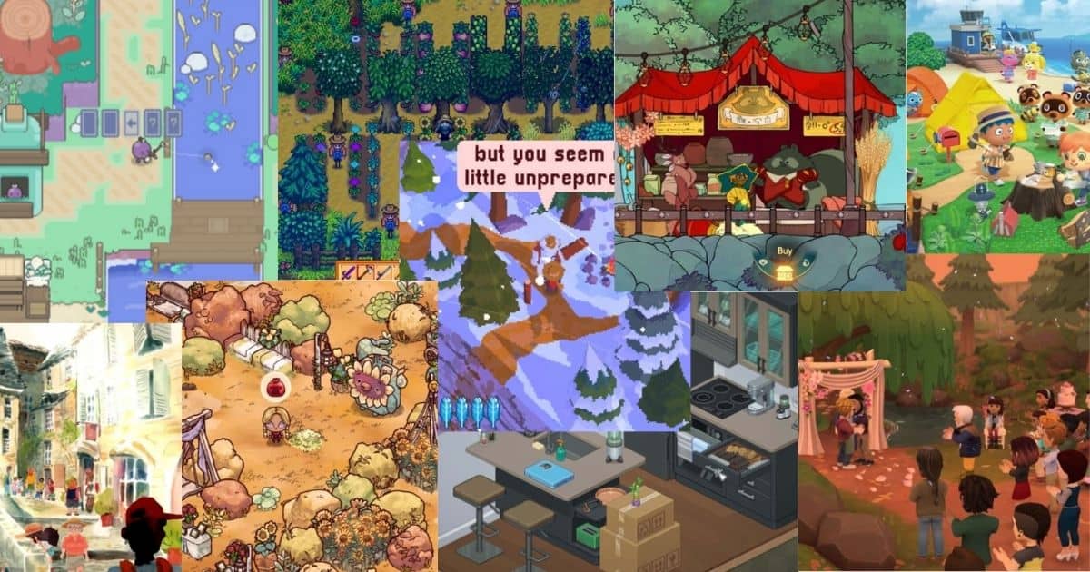 A collage of colorful scenes from various pixel and cartoon-style video games, featuring outdoor festivals, forests, a kitchen, and market settings with multiple characters.