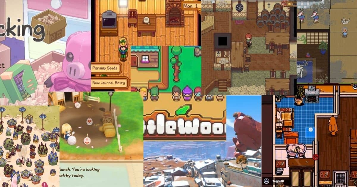 A collage of various pixel art and illustrated video game scenes featuring farming, markets, interiors, and outdoor environments.