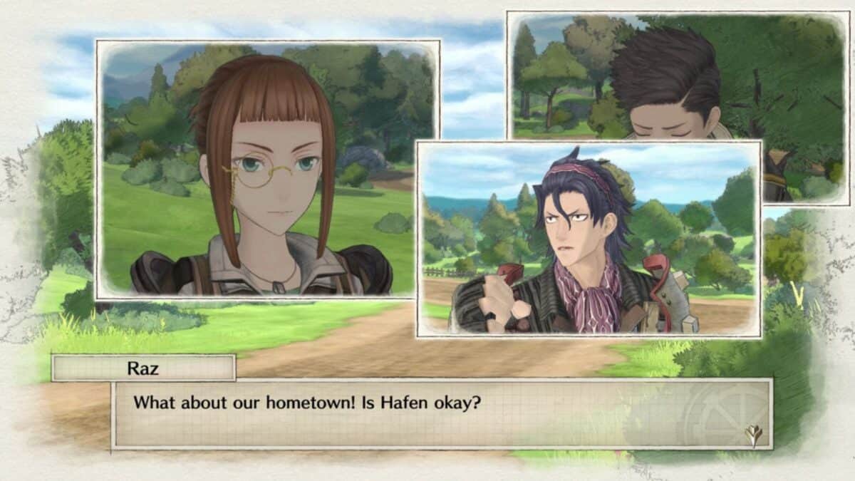Three animated characters have a conversation in a countryside setting. Text in the image reads: "Raz: What about our hometown? Is Hafen okay?.