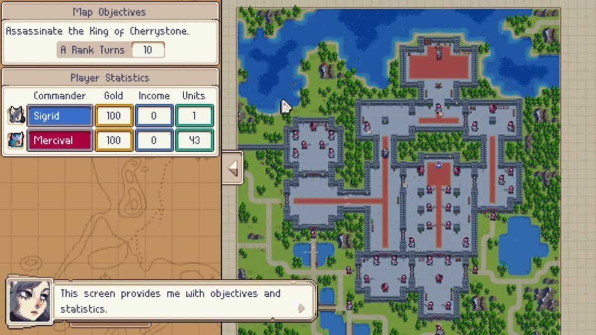 A strategy game interface shows objectives, player statistics, and a detailed map. A dialogue box at the bottom explains that this screen provides objectives and statistics.