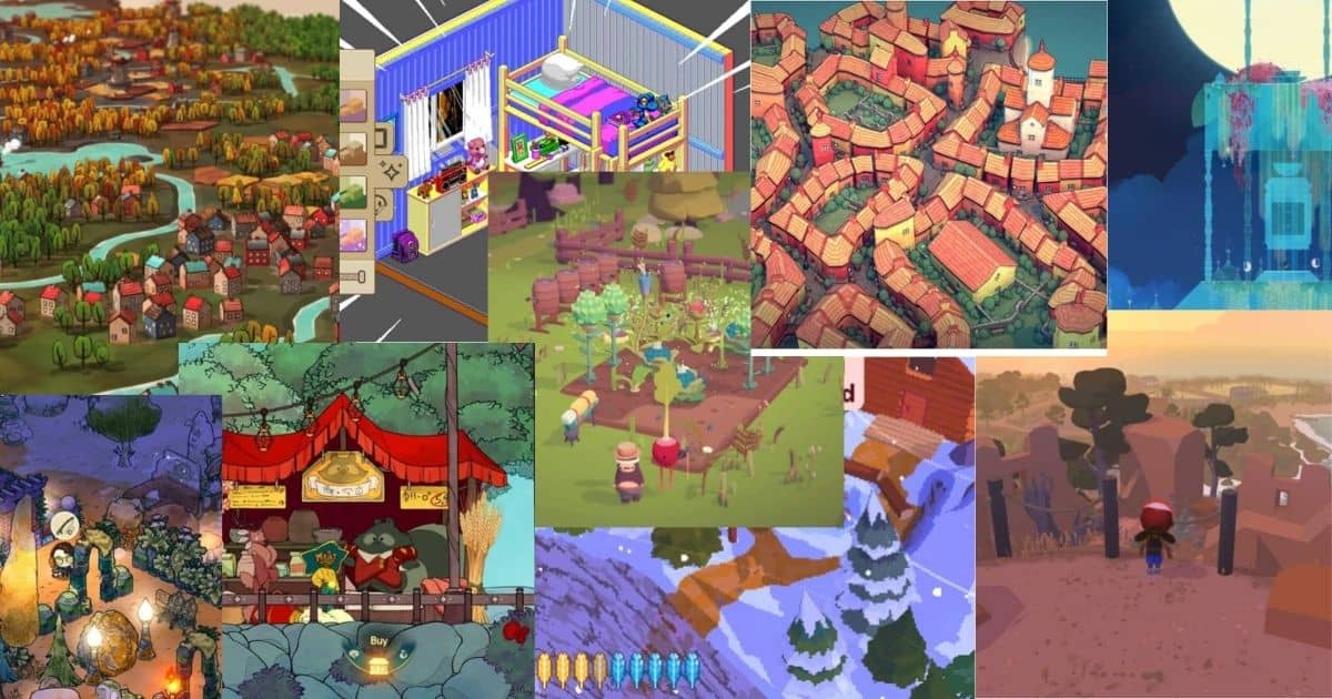 Collage of colorful, isometric scenes from various video games, depicting towns, forests, indoor spaces, markets, and outdoor landscapes in a cartoonish art style.