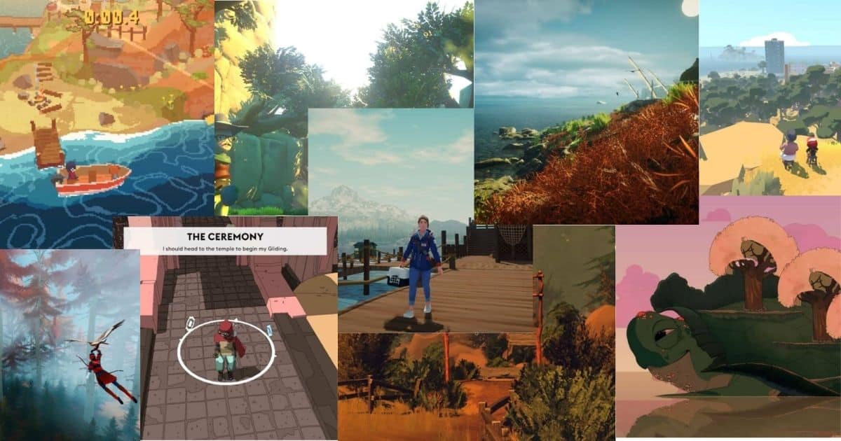 A collage of various video game landscapes, featuring forests, mountains, coastlines, animated characters, and stylized environments in different art styles.